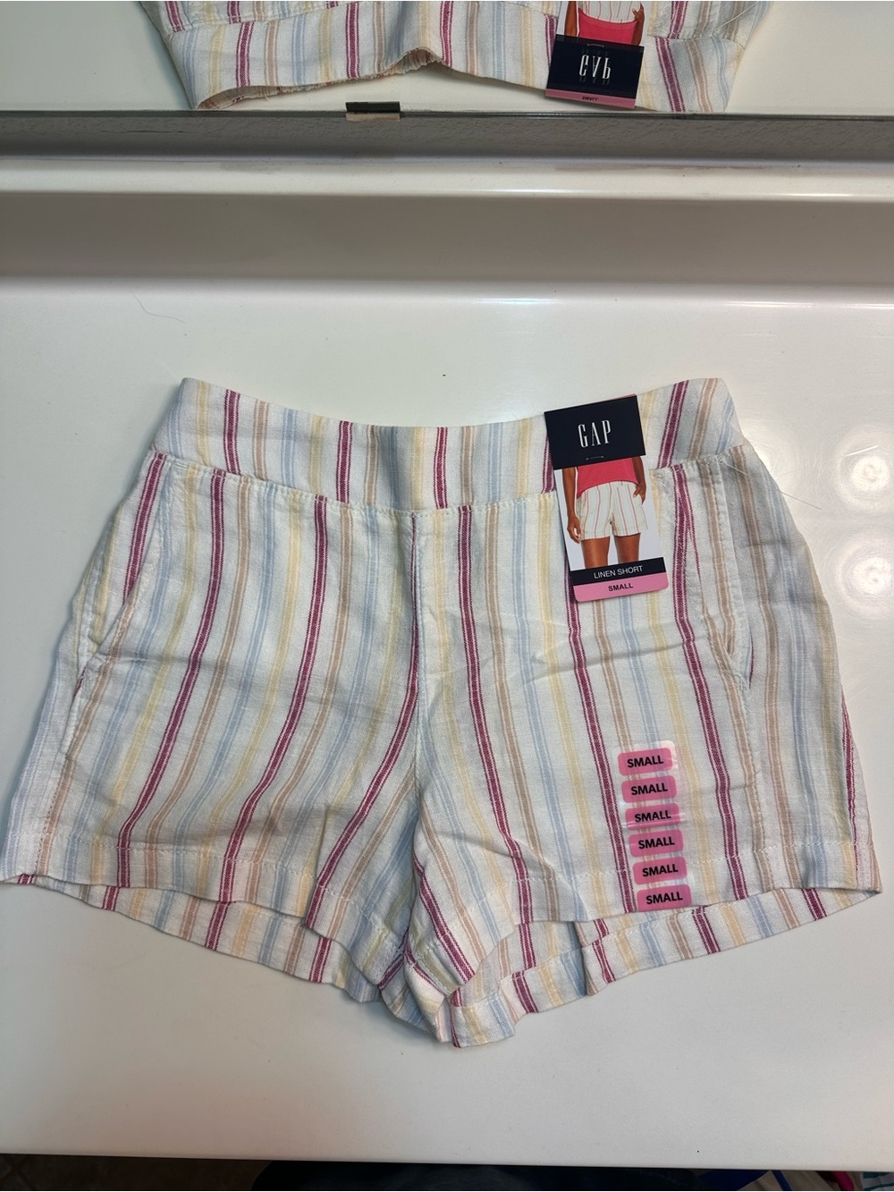 GAP High-Waist Linen-Blend Shorts in White with Pink & Yellow Stripes